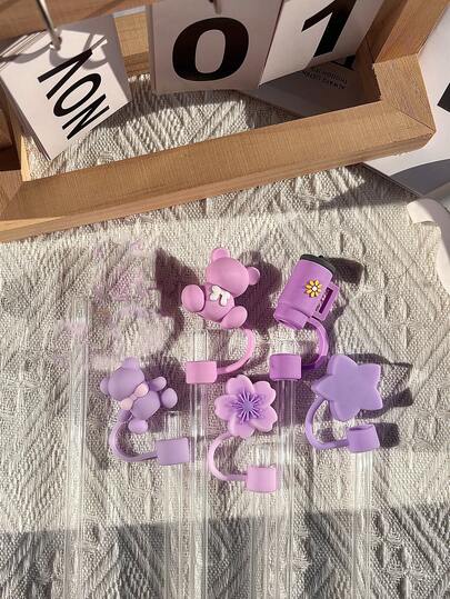 5Pcs Purple Cue Straw Cover Cap For Cup 40 30oz Tumbler, 10mm Reusable Cute Drinking Straw Topper Accessories, Portable Protector Plugs Decorations Gifts For Party Cute Cartoon Flower Straw Dust Cover, Compatible With Stanley Cup Accessories