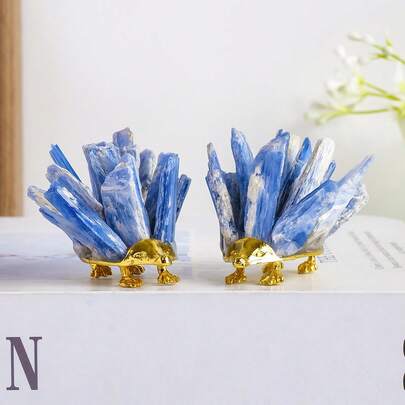 1/2/3pcs Natural Kyanite Gemstone Cluster With Gold Metal Base – Healing Crystal Desktop Decor, DIY Hedgehog Design & Christmas Gift Spring Garden Decoration