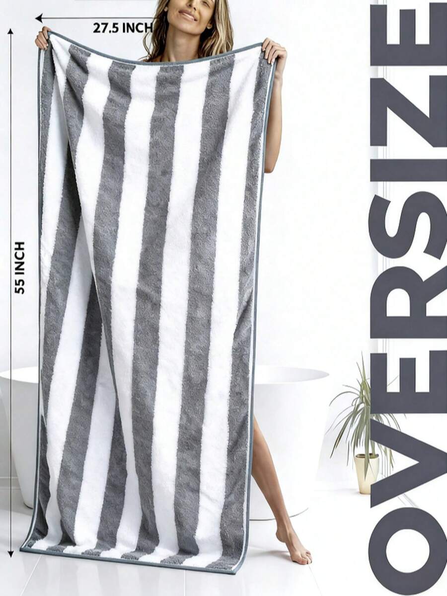 4pcs Oversized Striped Coral Bath Towel Set - Ultra-Soft, Quick-Drying, Luxurious For Home, Gym, Spa, 55x27 Inches, Bohemian Style, Multi-Color - Xám - Xem 1