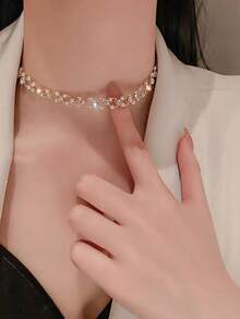 1 件时尚简约的女士仿珍珠钻石项链，日常搭配、送礼佳品、正式场合项链 - 彩色 - 查看 7