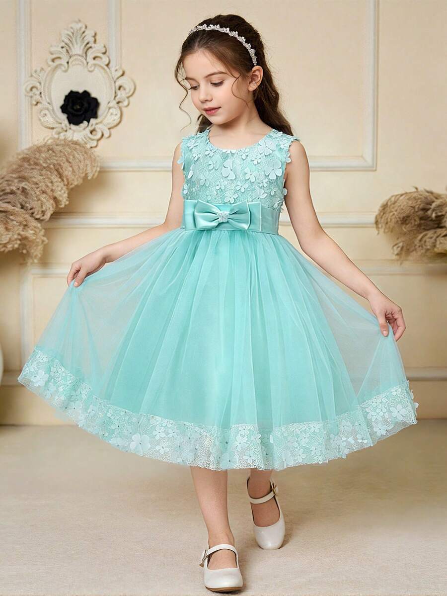 Vestido elegante sin mangas de unicolor con decoración de flor 3D y lazo, diadema no incluida - verde menta - Ver 1