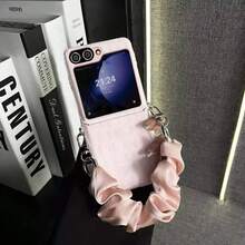 Luxury Simple Classics Crocodile Pattern Pink Phone Case With Wrinkled Silk Scarf Hand Strap Compatible With Samsung Galaxy ZFlip7 Z Flip6 ZFlip 5 Zflip6 Zflip5 Shockproof Back Cover - Pink - View 6