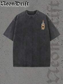 Show Me Your Tito's Vodka Cartoon Letter Print Street Style, Korean-Style Comfortable Retro Fashion Commuting Versatile Y2K Women's Clothing, Regular Niche Punk Style Black Fitted Round Neck Short Sleeve Washed T-Shirt, Washed Retro Series Comfortable Pure Cotton T-Shirt, Easily Create Retro Casual Wear, Suitable For Daily Commuting, Casual Outings, Everyday Wear, Classic Retro Style Women's Clothing - 黑色 - 查看 2