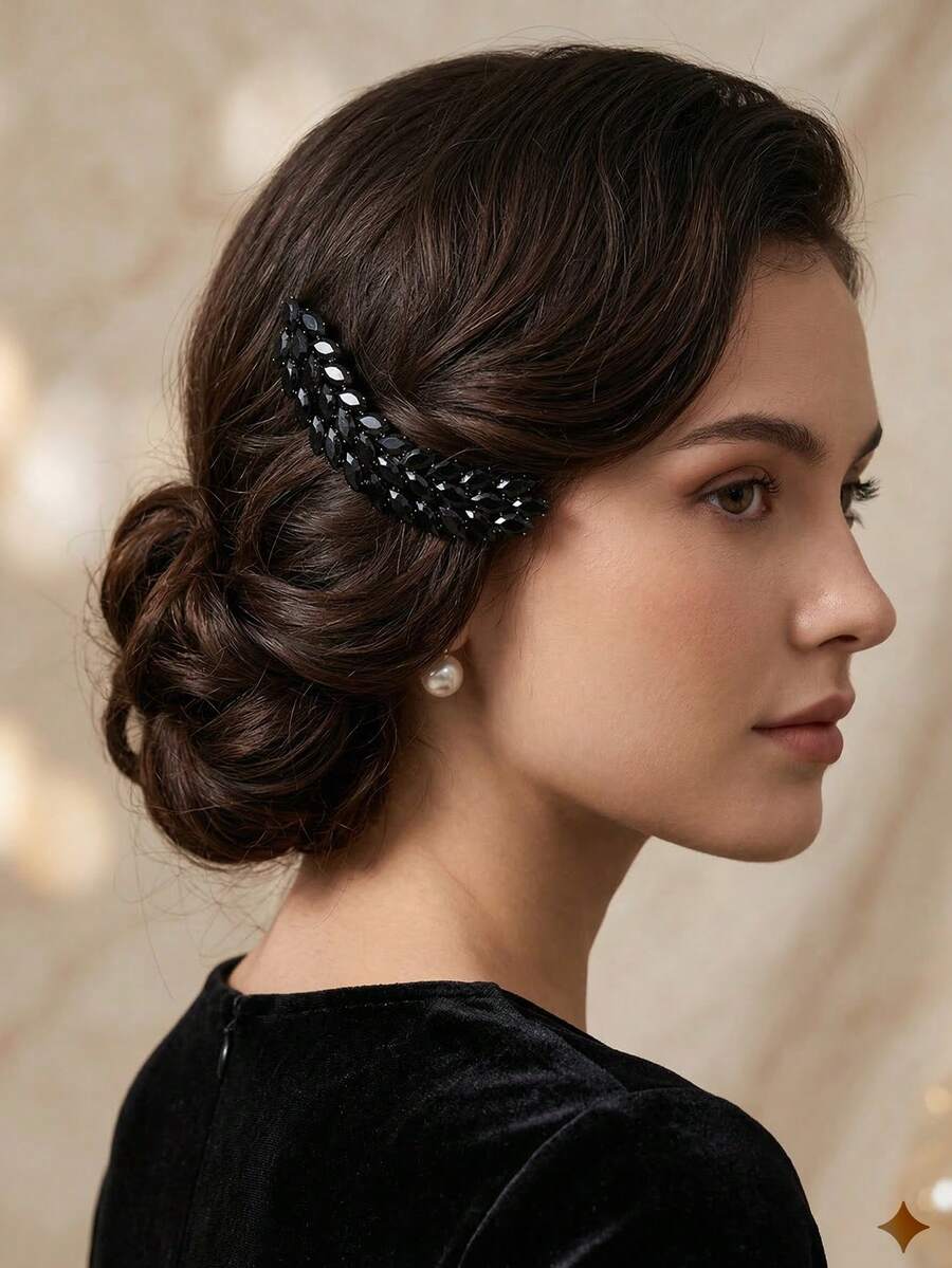 1件优雅黑色锆石闪亮麦穗耳夹，法式复古半丸子头发夹，高贵新娘发饰