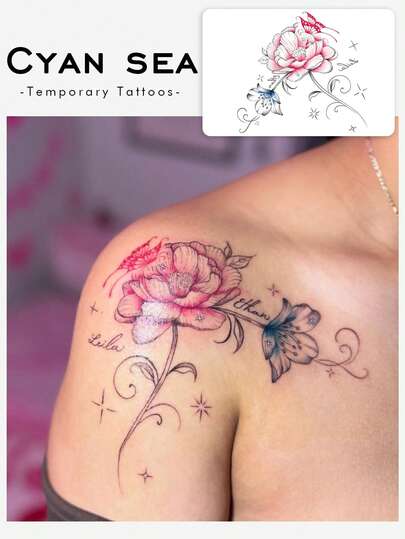 Washable, Waterproof, Sweatproof, Non-Reflective Temporary Tattoo Stickers, 1 Sheet, PVC, Romantic Spring Red Rose And Butterfly Tattoo, Stylish And Cool, Suitable For People, Daily Use, Lasts 3-5 Days.