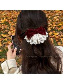 1个紫色蕾丝天鹅绒蝴蝶结发夹，优雅温柔女士低马尾春季发饰 - A - 查看 7