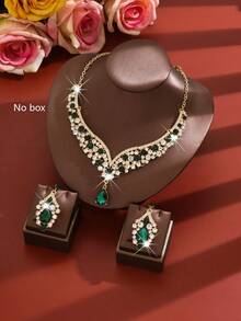 2pcs Luxury Fully Rhinestone Jewelry Set, Including Necklace And Earrings, Available In Navy Blue And Red - 1622 Gold Green Set - View 4