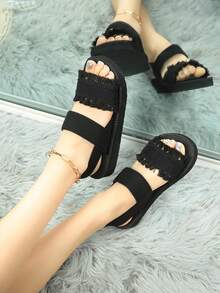 Women's Fashion Rhinestone Embellished Flat Casual Slippers, Suitable For Beach, Travel, Daily Wear, Summer - Black - View 3