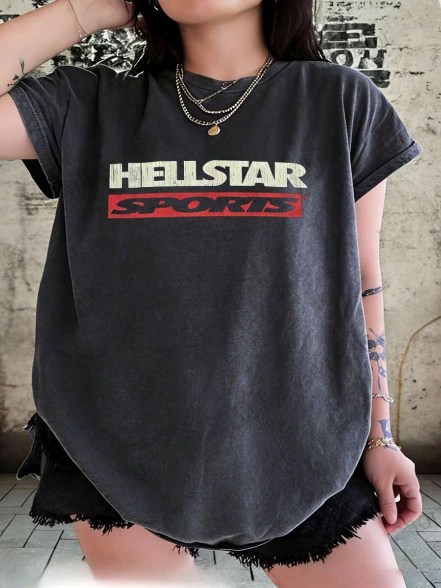 Hellstars Sports Red Block Retro Washed Print Round Neck Short Sleeve T-Shirt, 230g 100% Cotton T-Shirt, Summer Clothes, Women's Tops, Casual And Comfortable, Fashionable Graphic Tee, Unisex Style - Black - View 1