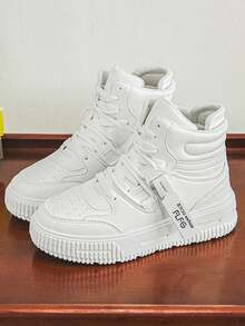 Women's Casual Sport Sneakers New High-Top Canvas Shoes Thick Sole Platform Skateboard Shoes Round Toe Lace-Up Low-Top Comfortable White Shoes For Women, Breathable Odor-Resistant Personalized Motorcycle Boots For Couples Outdoor Travel Vacation - White - View 4