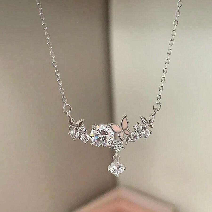 1 pieza Nuevo collar con colgante de mariposa de diamante de imitación, collar gargantilla versátil dulce y fresco para mujeres - Plateado - Ver 1