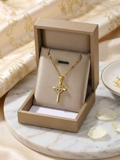 1pc Elegant Sparkling Zirconia Encrusted Cross Pendant Stainless Steel Necklace, Suitable For Girls, Fashion Versatile, Ideal For Street, Party, Holiday, Christmas, Ascension Day, And Daily Wear Gift