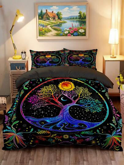 生命之树日月印花三件套被套（1个被套+2个枕套，不含被芯），色彩缤纷的波西米亚风床上用品套装，柔软亲肤，舒缓视觉疲劳，四季皆宜，拉链封口，适用于酒店、卧室、客房和宿舍装饰，易于打理，时尚轻盈透气，简约现代风格。