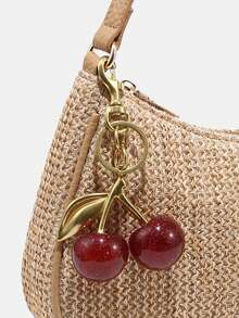1件 Novachic 夏季草编装饰吊坠，樱桃造型饰品，女士简约单肩包，拉链封口，复古风腋下包，适合多种场合 - 卡其色 - 查看 3