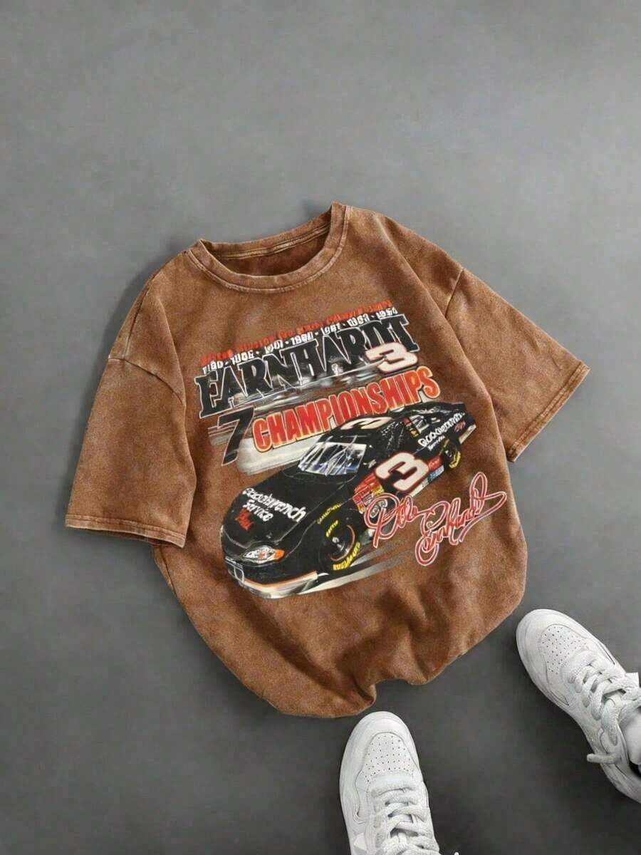 Retro DaleS Earnhardt # 3 NASCARS 7 Championships Racing Car Graphic Tee,Casual Print,Comfortable And Versatile,Pure Cotton 220g Washed Printed T-Shirt,Unisex Style,Summer Outfits,Vacation Outfits Women,Summer Outfits For Women,Spring Outfits For Women,Summer Tops,St Pattys Day Outfit,Easter Outfit Women - 咖啡色 - 查看 1