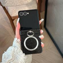 Składane etui na telefon z magnesem i uchwytem pierścieniowym, idealne do Samsunga Galaxy Z Flip3 5G/Galaxy Z Flip 4 5G/Galaxy Z Flip 5 5G/Galaxy Z Flip 6 5G/Galaxy Z Flip 7 5G. Eleganckie składane etui na telefon. - Czarne - Zobacz 2