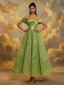 Smilprince Women's Long Party Dress, Sleeveless Off-Shoulder Ruched Design Flare Skirt - Olive Green - View 8