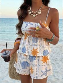 Doriss 两件套荷叶边吊带印花吊带背心套装，女士沙滩装，夏季服装，情人节，休闲上衣，女士度假装，夏季假期 - 彩色 - 查看 1