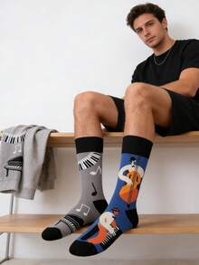 1 双男士双面灰色和蓝色爵士乐器图案中筒袜，四季皆宜。 - 彩色 - 查看 1