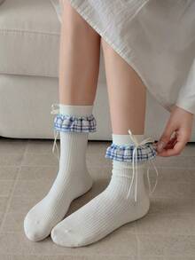 1 Pair Women's Mid-Calf Socks, White Mesh Lace Bow Ribbon Lolita Style, Comfortable Breathable Summer Socks - Multicolor - View 7