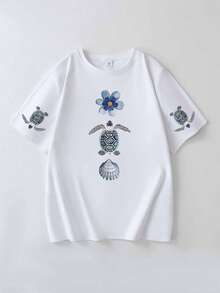 Áo thun nữ mùa hè in họa tiết hoa và rùa biển, cổ tròn, tay ngắn, màu trắng. - trắng - Xem 2