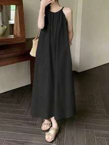 Summer French Style Casual Loose Solid Color Halter Dress Black Elegant - Black - View 3