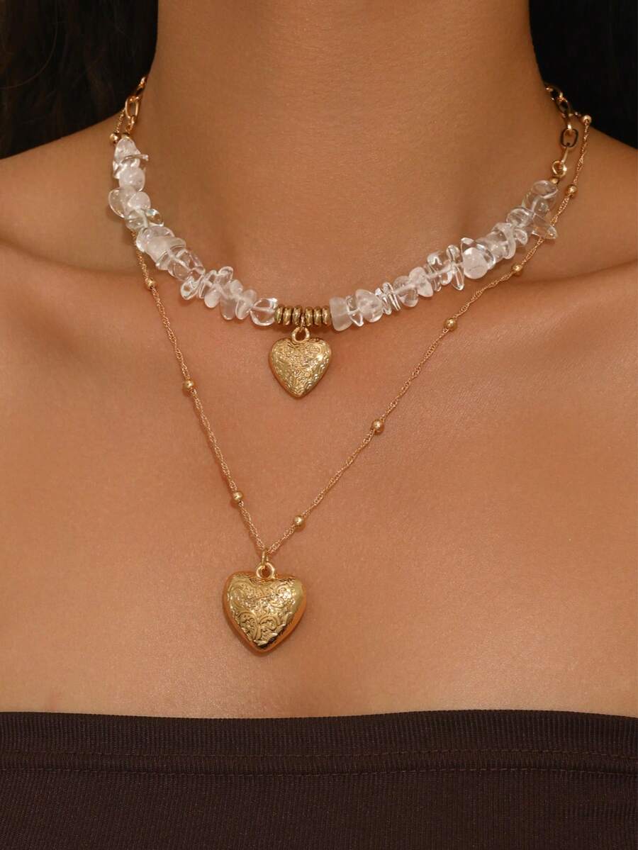 2pcs/Set Minimalist Versatile High-Quality Stone Beaded Chain Double-Layer Heart Pendant Necklace, Retro Fashionable Choker Necklace Suitable For Daily Wear, Parties, Dates, Also Suitable As Mother's Day Gift. The Size, Shape And Quantity Of Stones Are Random. - Multicolor - View 1