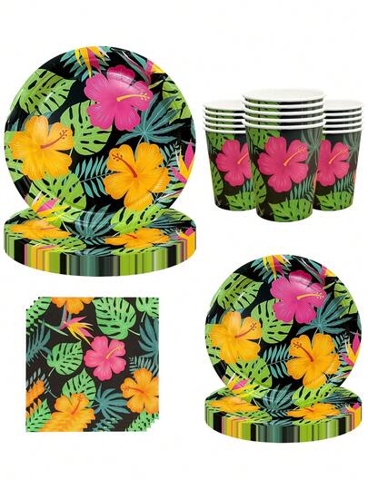 10个/20个/50个/80个装 热带之夜夏威夷派对用品，纸盘、纸杯、餐巾纸，热带花卉图案，适用于夏季海滩餐桌、泳池派对、男女节日装饰