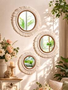 1件手工编织波西米亚风壁镜，流苏挂镜，墙面装饰，波西米亚风墙饰，匠心设计，高档墙面装饰，波西米亚亚克力镜，适用于卧室、客厅、儿童房 - 米色 - 查看 10
