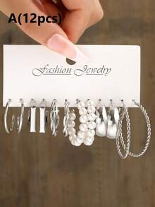 12-24 piezas Conjunto de aretes de perlas falsas de moda, aretes de aro anchos trenzados de metal geométricos, adecuados para vacaciones, fiestas, citas, uso diario - Plateado - Ver 6