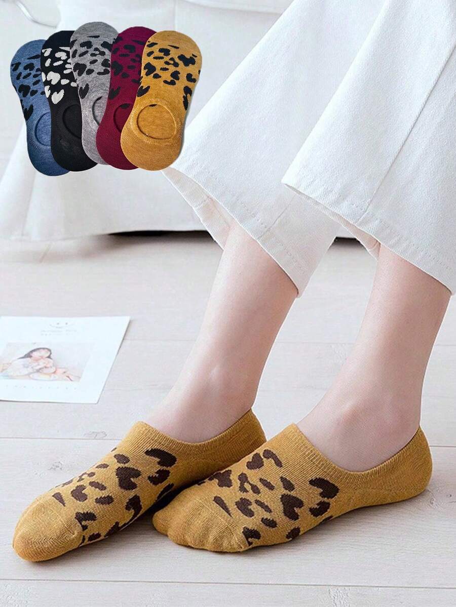 5pcs Unisex Leopard Print Boat Socks Mixed Pack – Perfect For Daily Wear - Multicolor - View 1