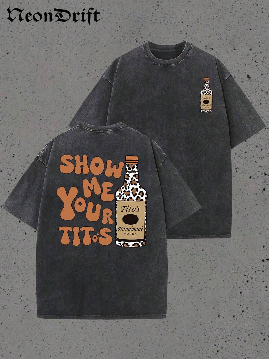 Show Me Your Tito's Vodka Cartoon Letter Print Street Style, Korean-Style Comfortable Retro Fashion Commuting Versatile Y2K Women's Clothing, Regular Niche Punk Style Black Fitted Round Neck Short Sleeve Washed T-Shirt, Washed Retro Series Comfortable Pure Cotton T-Shirt, Easily Create Retro Casual Wear, Suitable For Daily Commuting, Casual Outings, Everyday Wear, Classic Retro Style Women's Clothing - 黑色 - 查看 1