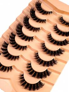 7对/包 自然蓬松仿貂毛假睫毛，迷人凌乱毛绒假睫毛，8D纤长浓密假睫毛，狐狸眼提拉妆效，整条假睫毛，睫毛嫁接 - 黑色 - 查看 6
