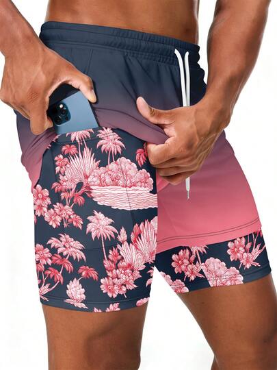 Men's Summer Ombre Palm Tree & Floral Print Lined Pocket Shorts