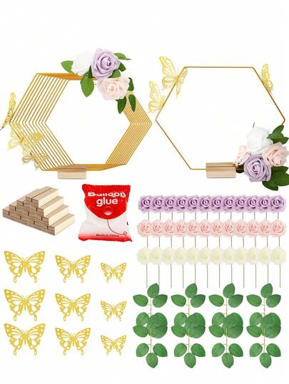 97pcs Metal Butterfly & Floral Tabletop Decor Set, Includes Metal Ring Base, 3D Butterfly Decor, PE Foam Flowers And Adhesive Dots, Suitable For DIY Wedding, Christening And Party Use