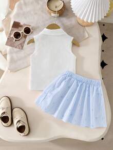 Conjunto de 2 piezas con top de punto acanalado de cuello en V + falda estampada con lazo a rayas, adecuado para uso diario, actividades al aire eventos, primavera/verano - Azul - Ver 2