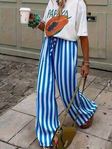 Women's Blue & White Striped Woven Wide Leg Casual Beach Pants, Spring/Summer - White - View 2