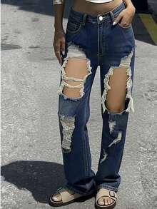 Quần jeans nữ mới - Quần jeans nữ ống đứng rách gợi cảm với túi và cúc cài phía trước, kiểu dáng dài thoải mái với độ co giãn nhẹ, thích hợp cho mùa xuân. - Rửa trung bình - Xem 9