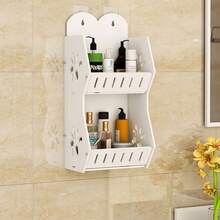 1pc No Drill Bathroom Wall Mounted Rack, Shower Gel & Cosmetics Storage Organizer, Double Layer Wall Shelf (Hooks Included) - White - View 2