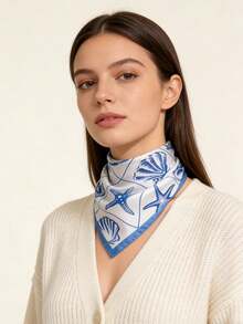 1条65*65厘米方形丝巾，女士缎面仿丝夏季沙滩清新优雅贝壳印花，多功能，可作领巾、头巾、披肩。 - 彩色 - 查看 3