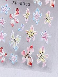 5D渐变百合浮雕美甲贴纸2片装 粉色 红色 蓝色 盛开花瓣 春夏花卉印花 DIY Y2K复古时尚凝胶指甲油自粘沙龙贴纸滑动设计美甲装饰 - 彩色 - 查看 6