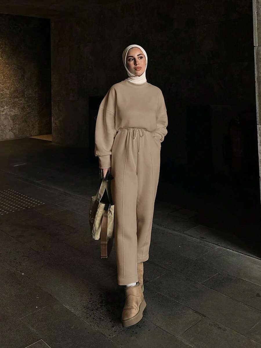 2pcs Women Solid Color Loose Top + Straight Leg Pants Set, Middle Eastern Casual Style Outfit, Suitable For Urban Outdoor Leisure Occasions, Autumn/Winter Spring - Khaki - View 1