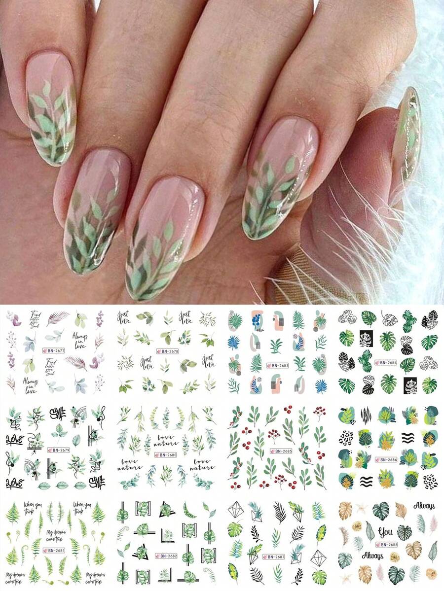 1pc 12 Designs Tropical Holiday Style Water Transfer Nail Stickers With Fern Leaf, Palm, Mango, Raspberry Patterns, Summer & Spring Nail Art Decals, DIY Nail Decoration For Women And Girls, Daily And Holiday - MultiWarna - View 1