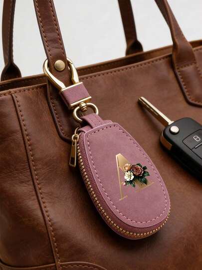 Unisex Multifunctional Key Pouch With Gold 26 Letter A-Z Pattern,Zippered Key Holder,Flower Pattern Design, Pu Imitation Leather Organizer,Zippered Bag, Car Key Organizer, Car Keychain,Compact Portable Key Pouch,Minimalist Design,Travel Accessory, Elegant Jewelry, For Home, Office, Travel, Car, For Men And Women, Ideal For Friends, Family, Couples,Anniversary, Birthday, Wedding, Mother'S Day Gifts.