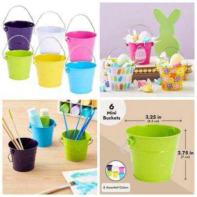 Tiny Metal Buckets With Handles - Stackable Pails For Home & Kitchen Organization - Metal Tins For DIY Craft Storage - Bulk Pails For Classroom Organization - Pack Of 6 Multicolor, 3.25"X 2.75"