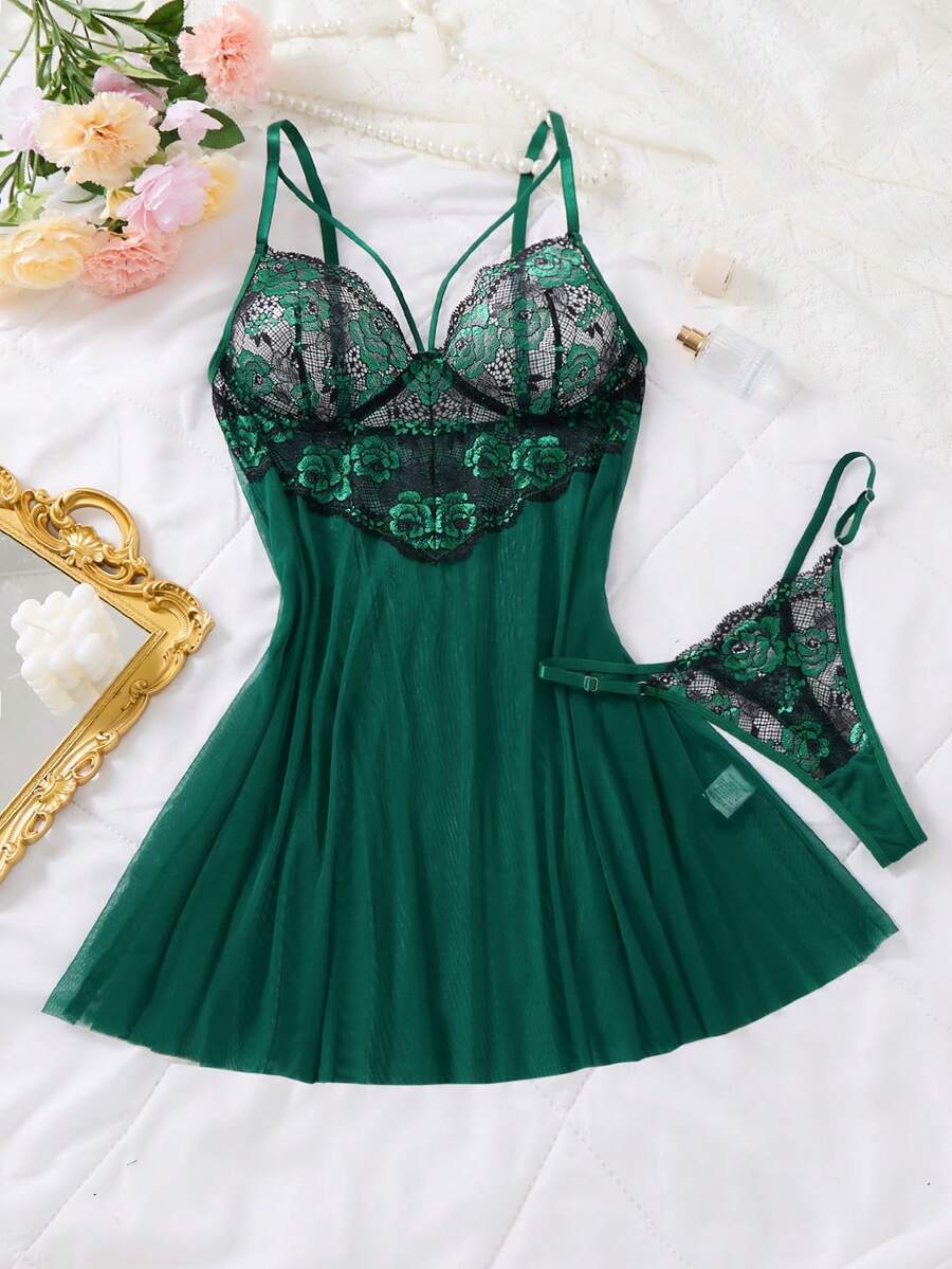 Women's Sexy Lace Contrast Color Short Nightgown, Mesh Hollow A-Line Slip Dress, Ladies Spaghetti Strap Dress, Lace Rose Gothic Sexy Ladies Sleepwear - Green - View 1