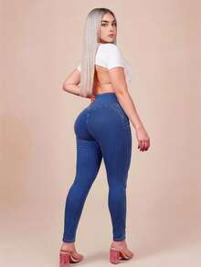 高腰浅蓝色紧身牛仔裤，凸显曲线的铅笔裤，适合春夏度假和外出穿着，女士牛仔裤 - 藍色 - 查看 5