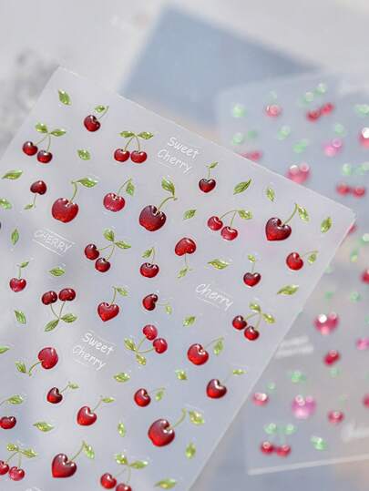 1pc Sparkling Cherry Nail Accessories Stickers Sparkling Powder Jelly Nail Stickers Fashion Cartoon Fruit Nail Transfer Slide Stickers DIY Decorative Accessories