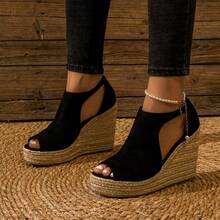 Velvet Fashion Button Closure Jute Rope Stylish Lightweight Wedge Heel Women Shoes - Black - View 11