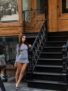 Women's New Elegant Casual Fashion Classic Plaid Long Sleeve 2-Piece Set - Deep V-Neck, Shirt Collar, Chest Ruffle, Front Button Closure, Fitted Long Sleeve Top, A-Line Mini Skirt Spring - Navy Blue - View 5